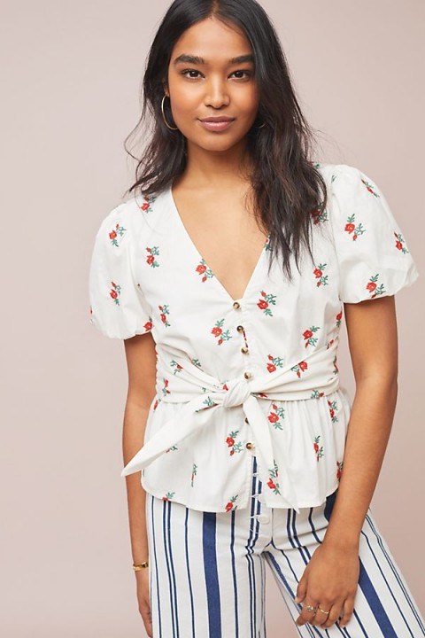 Anthropologie Embroidered Poplin Tie Waist Blouse in White | floral deep V-neck top - flipped