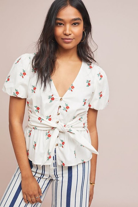 Anthropologie Embroidered Poplin Tie Waist Blouse in White | floral deep V-neck top