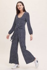 Kachel Printed Tie-Front Wide-Leg Jumpsuit in Black and White | monochrome jumpsuits