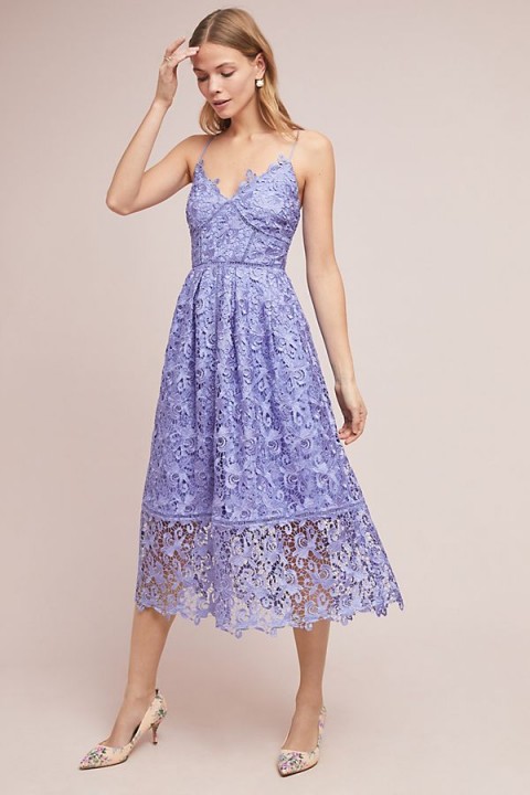Eri + Ali Sherbert Lace Midi Dress in Lavender | feminine occasion wear