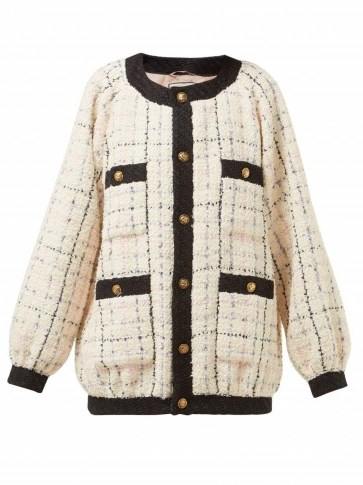 GUCCI Balloon-sleeve bouclé-tweed jacket in white ~ modern classic - flipped