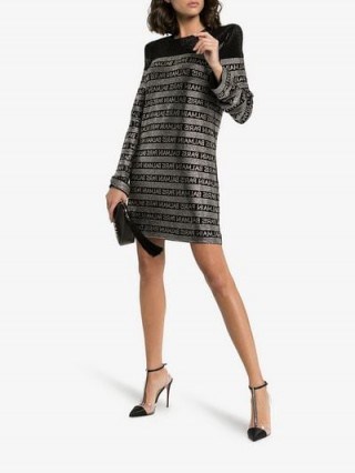 Balmain Boxy Fit Padded Shoulder Mini Dress in Black and Silver | designer party dresses - flipped