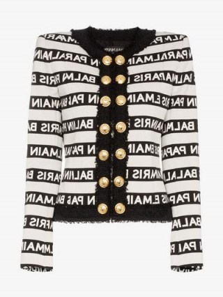 Balmain Stripe Print Button Down Jacket in White and Black – designer logo/brand print fashion - flipped