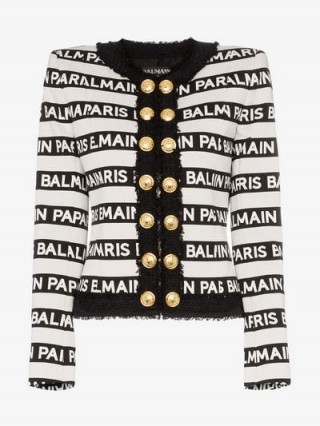 Balmain Stripe Print Button Down Jacket in White and Black – designer logo/brand print fashion