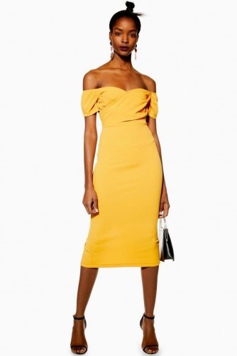 Topshop Bardot Wrap Midi Dress in Orange | vintage style off shoulder dresses - flipped