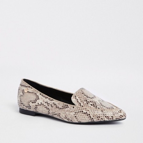 River Island Beige snake print pointed toe wide fit loafer | reptile printed flats - flipped