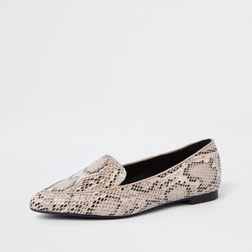 River Island Beige snake print pointed toe wide fit loafer | reptile printed flats