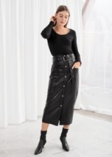 & other stories Belted Leather Midi Skirt in Black | luxe skirts