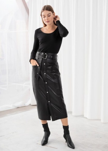 & other stories Belted Leather Midi Skirt in Black | luxe skirts - flipped