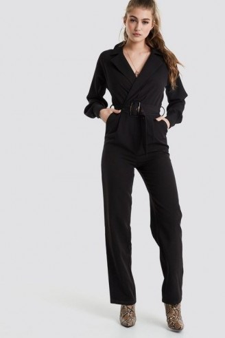 NA-KD Belted Waist Collar Jumpsuit Black | straight leg jumpsuits - flipped