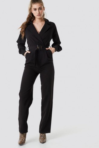 NA-KD Belted Waist Collar Jumpsuit Black | straight leg jumpsuits