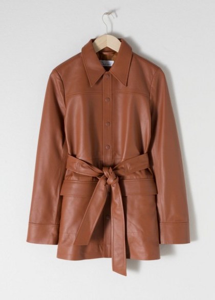 & other stories Belted Workwear Leather Jacket in camel – luxe brown jackets - flipped