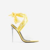 EGO Bibi Printed Ribbon Lace Up Perspex Heel In Yellow Patent – ANKLE WRAP HEELS