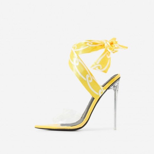 EGO Bibi Printed Ribbon Lace Up Perspex Heel In Yellow Patent – ANKLE WRAP HEELS - flipped