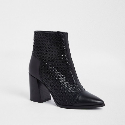 RIVER ISLAND Black leather woven pointed toe boot – block heeled boots - flipped