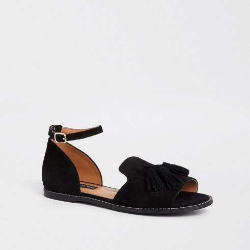 River Island Black suede tassel two part shoes | ankle strap flats - flipped