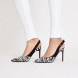 RIVER ISLAND Black zebra print pointed court shoes. WILD SLINGBACKS