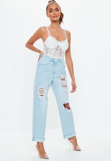 Missguided blue high rise distressed boyfriend jeans | relaxed denim - flipped