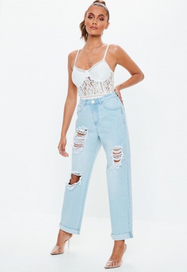 Missguided blue high rise distressed boyfriend jeans | relaxed denim