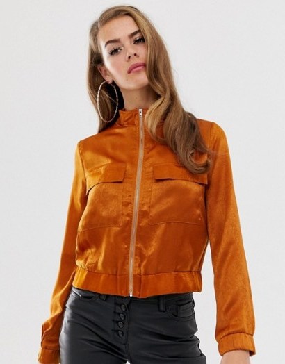 Boohoo satin pocket front jacket in rust ~ silky funnel neck jackets - flipped