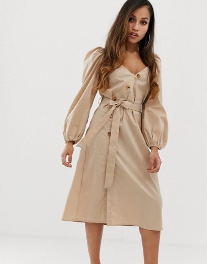 Booohoo Petite asymmetric button through midi dress with gathered puff sleeve in stone | tie waist dresses | puffed sleeves - flipped