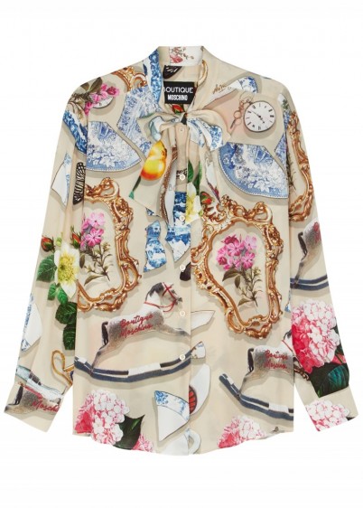 BOUTIQUE MOSCHINO Printed satin neck tie blouse – bold prints