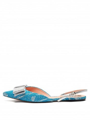 ROCHAS Bow-embellished floral-brocade slingback flats in turquoise ~ luxe blue and silver flat slingbacks - flipped