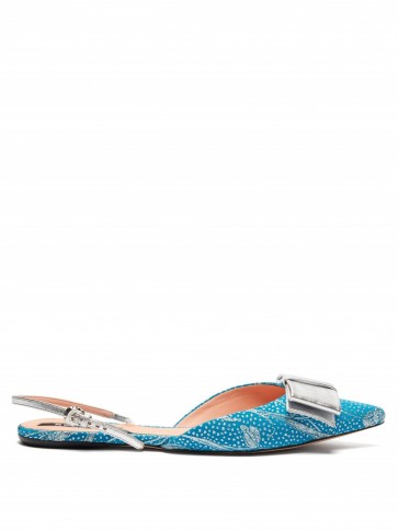 ROCHAS Bow-embellished floral-brocade slingback flats in turquoise ~ luxe blue and silver flat slingbacks