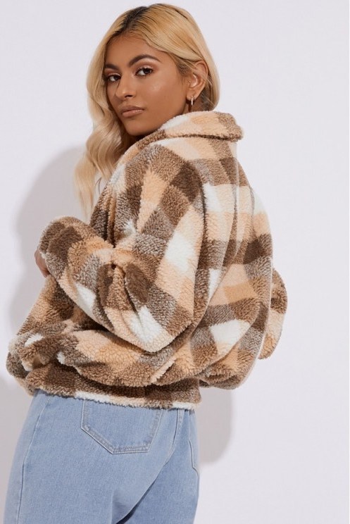 IN THE STYLE BRONTE BROWN CHECK TEDDY FUR BOMBER COAT – FLUFFY WINTER JACKET - flipped
