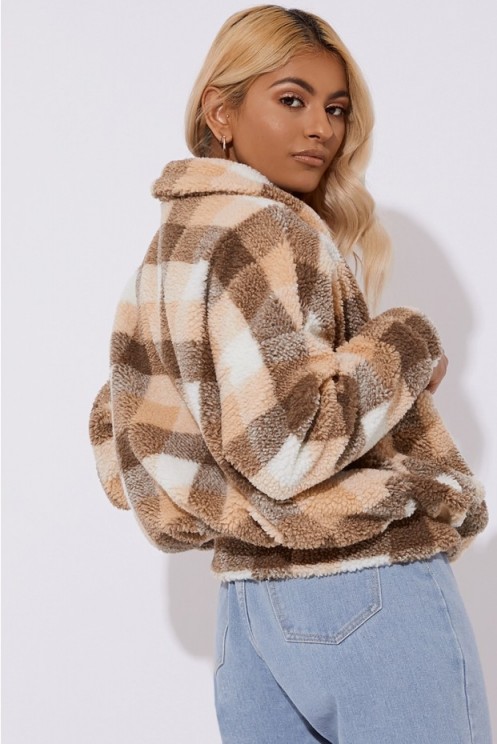 IN THE STYLE BRONTE BROWN CHECK TEDDY FUR BOMBER COAT – FLUFFY WINTER JACKET
