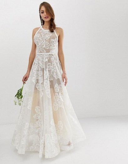 Bronx & Banco Fiora embellished bridal gown white – sheer floral wedding dress - flipped