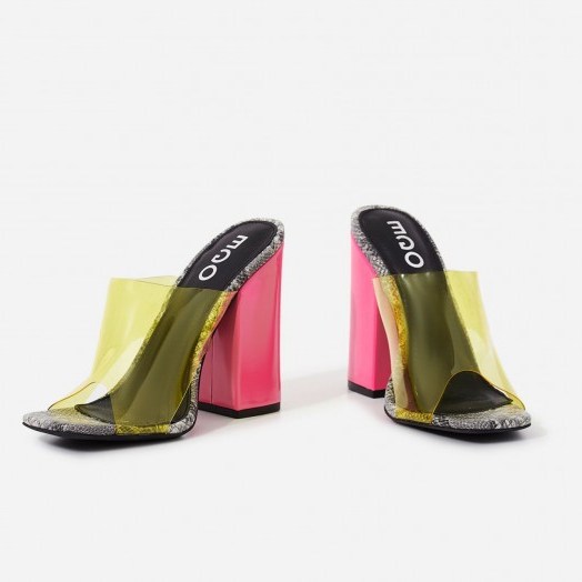 EGO Brooke Patent Block Heel Perspex Peep Toe Mule In Grey Snake Print Faux Leather – chunky pink heels - flipped