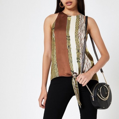 RIVER ISLAND Brown chain print knot front halter neck top. MIXED ANIMAL PRINTS - flipped