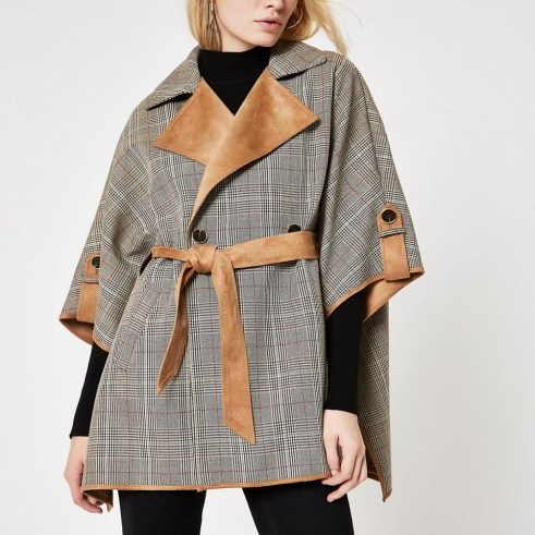 RIVER ISLAND Brown check robe cape jacket – capes / tie waist jackets - flipped
