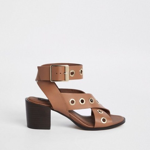 RIVER ISLAND Brown leather eyelet block heel sandals – thick strap chunky heels - flipped