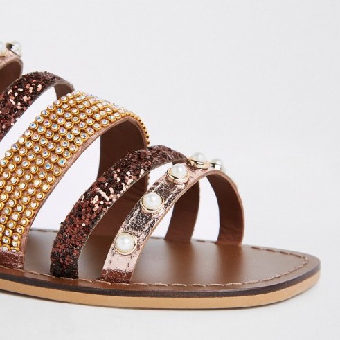 RIVER ISLAND Brown leather multi strap embellished sandal ~ flat strappy sandals - flipped