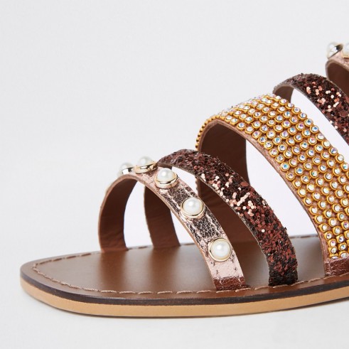 RIVER ISLAND Brown leather multi strap embellished sandal ~ flat strappy sandals