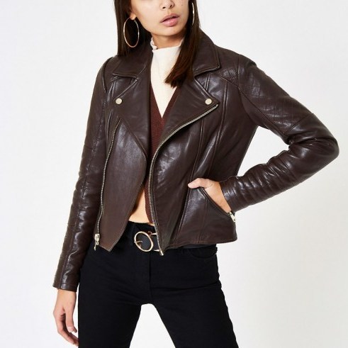 RIVER ISLAND Brown leather quilted biker jacket ~ zipped jackets - flipped