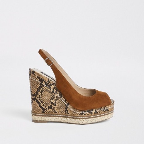 River Island Brown leather snake espadrille trim wedges | reptile slingbacks - flipped