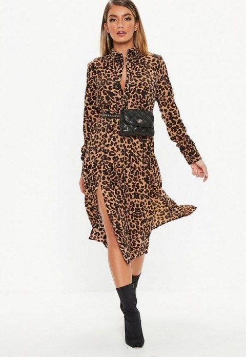 MISSGUIDED brown leopard midi shirt dress ~ glamorous day wear - flipped