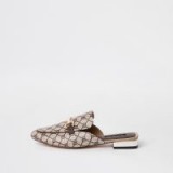 River Island Brown RI monogram backless loafer | chic printed flat mules