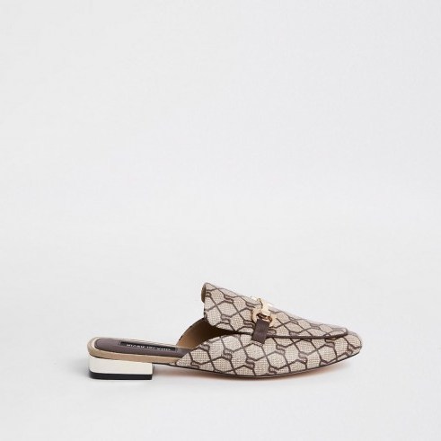 River Island Brown RI monogram backless loafer | chic printed flat mules - flipped
