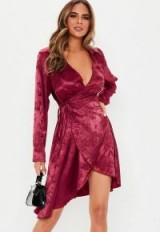 MISSGUIDED burgundy satin brocade wrap midi dress ~ plunging going out dress ~ my evening style