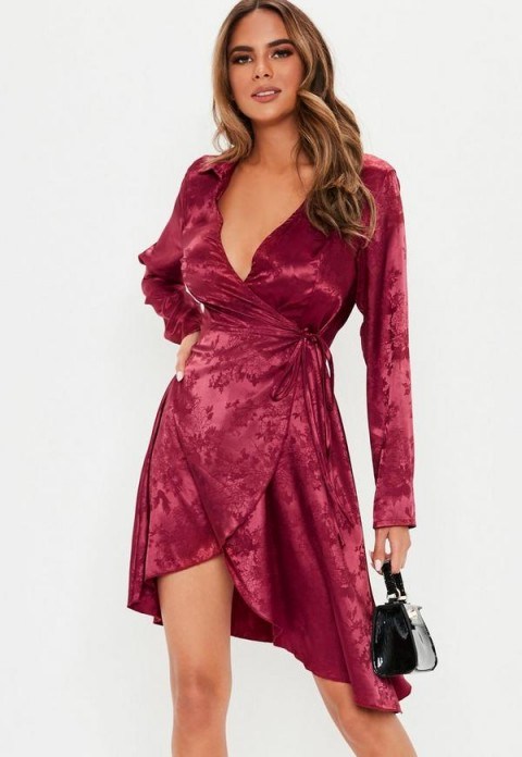 MISSGUIDED burgundy satin brocade wrap midi dress ~ plunging going out dress ~ my evening style - flipped