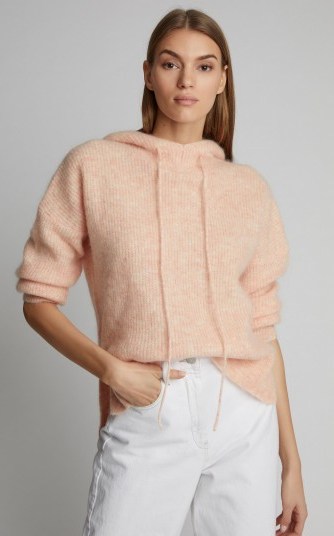 Ganni Callahan Ribbed Wool-Blend Hoodie in Pink | luxe knitwear - flipped