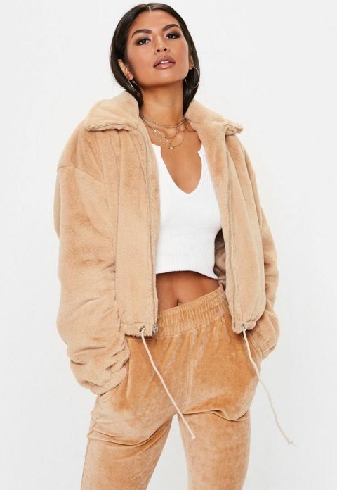 MISSGUIDED camel faux fur bomber jacket ~ fluffy light-brown jackets - flipped
