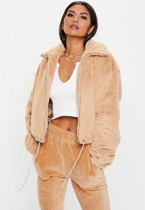 MISSGUIDED camel faux fur bomber jacket ~ fluffy light-brown jackets