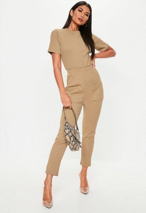 MISSGUIDED camel ribbed pocket jumpsuit ~ casual light-brown jumpsuits - flipped