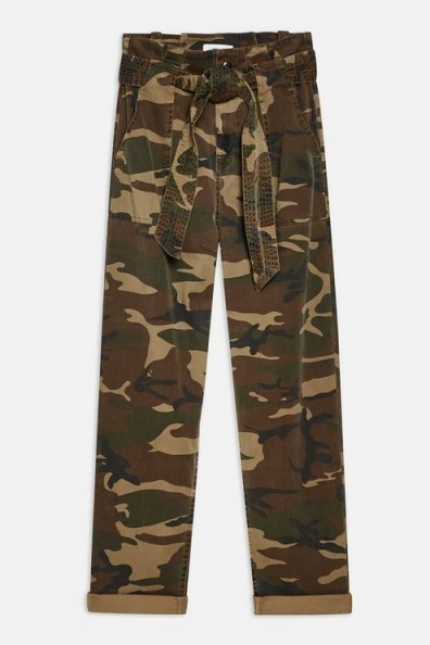 TOPSHOP Camouflage Paperbag Trousers in Khaki / camo prints