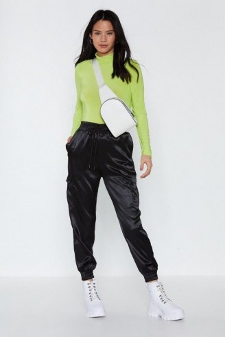 NASTY GAL Cargo Ahead Satin Pants in Black – sporty cuffed trousers - flipped